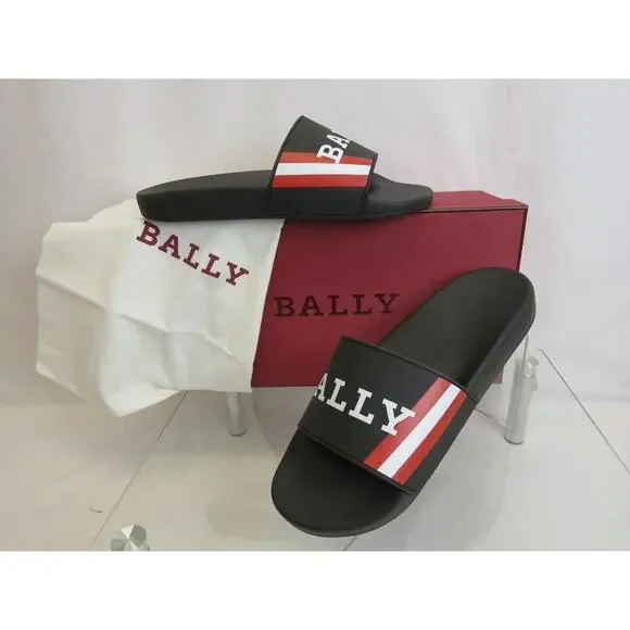 NIB BALLY SIMON BLACK RUBBER RED WHITE WEB LOGO SANDALS POOL SLIDES 9 D ITALY